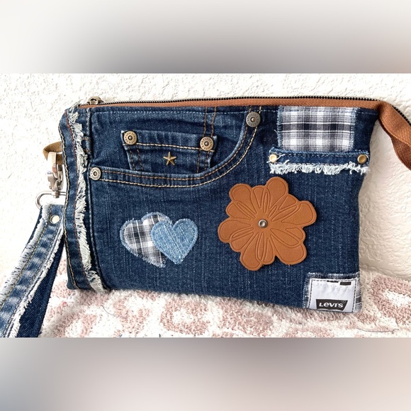 Bohemian Unique One-of-a-Kind Denim Patchwork Clutch with removable Wrist Handle - Picture 4 of 16